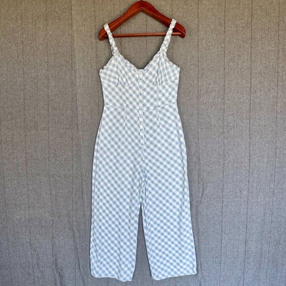 Urban Outfitters Sky Blue Ivory Gingham Print Elastic Spaghetti Strap Jumpsuit - Picture 4 of 14